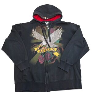 Avirex Mens XXL Black Full Zip Hoodie Eagle Rhinestone Tattoo Graphic Red Hood